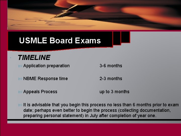 USMLE Board Exams TIMELINE Application preparation 3 -6 months NBME Response time 2 -3