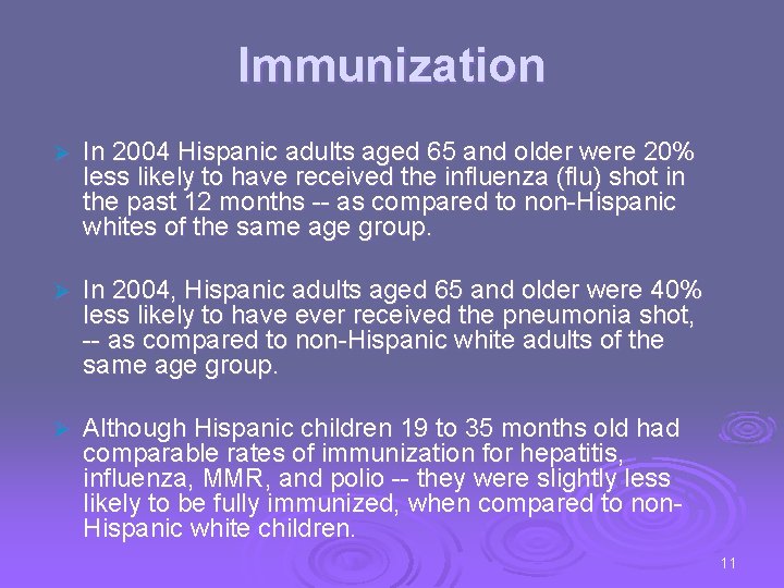 Immunization Ø In 2004 Hispanic adults aged 65 and older were 20% less likely