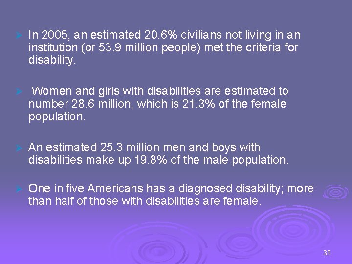 Ø In 2005, an estimated 20. 6% civilians not living in an institution (or