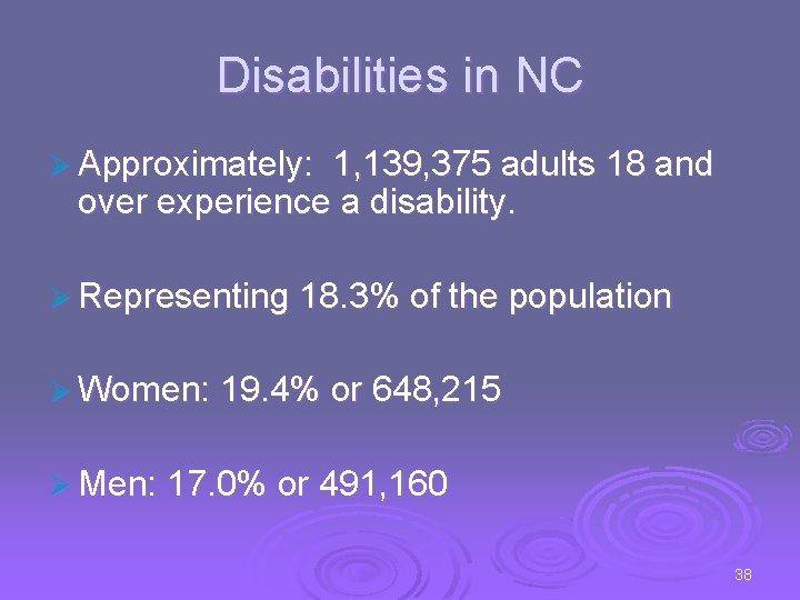 Disabilities in NC Ø Approximately: 1, 139, 375 adults 18 and over experience a