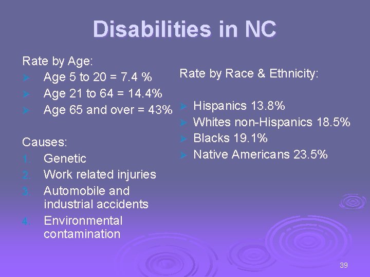 Disabilities in NC Rate by Age: Rate by Race & Ethnicity: Ø Age 5