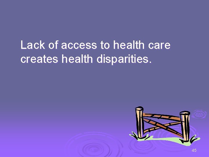 Lack of access to health care creates health disparities. 45 