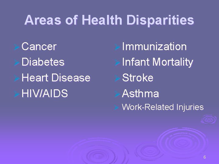 Areas of Health Disparities Ø Cancer Ø Immunization Ø Diabetes Ø Infant Mortality Ø