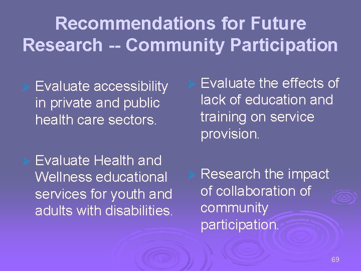 Recommendations for Future Research -- Community Participation Ø Evaluate the effects of lack of