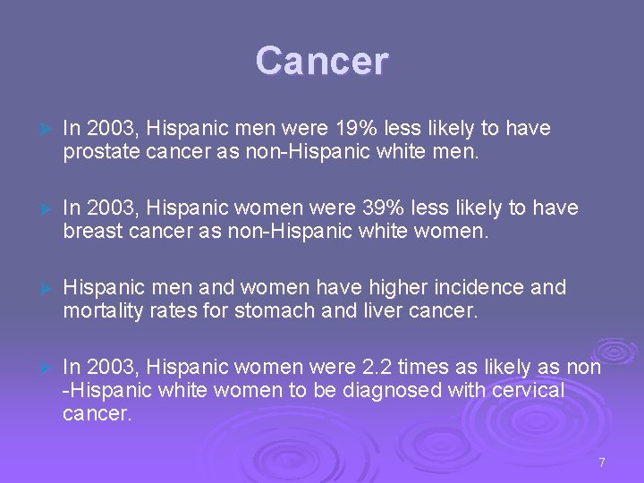 Cancer Ø In 2003, Hispanic men were 19% less likely to have prostate cancer