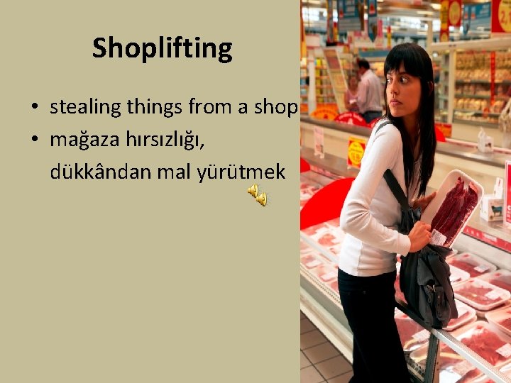 Shoplifting • stealing things from a shop • mağaza hırsızlığı, dükkândan mal yürütmek 