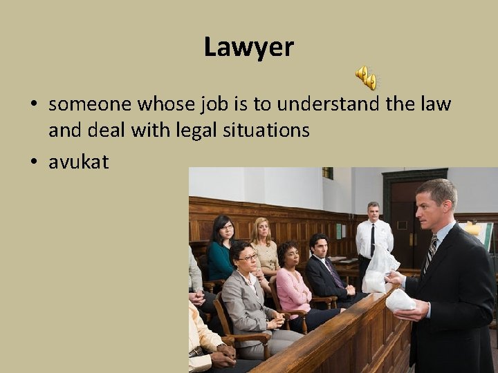 Lawyer • someone whose job is to understand the law and deal with legal