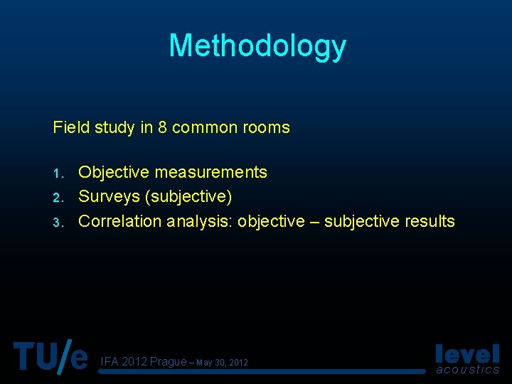 Methodology Field study in 8 common rooms 1. 2. 3. Objective measurements Surveys (subjective)