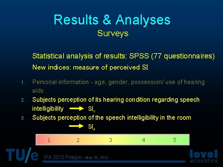 Results & Analyses Surveys Statistical analysis of results: SPSS (77 questionnaires) New indices: measure