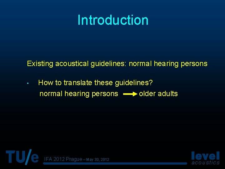 Introduction Existing acoustical guidelines: normal hearing persons • How to translate these guidelines? normal
