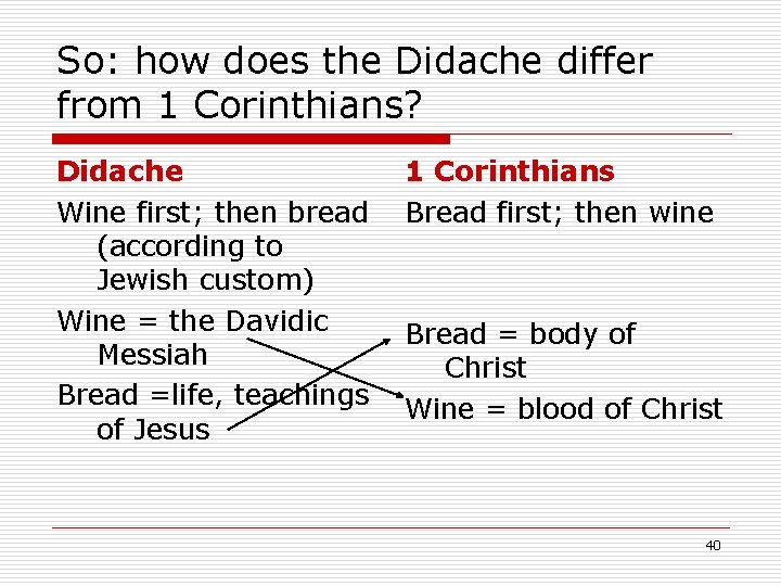 So: how does the Didache differ from 1 Corinthians? Didache Wine first; then bread