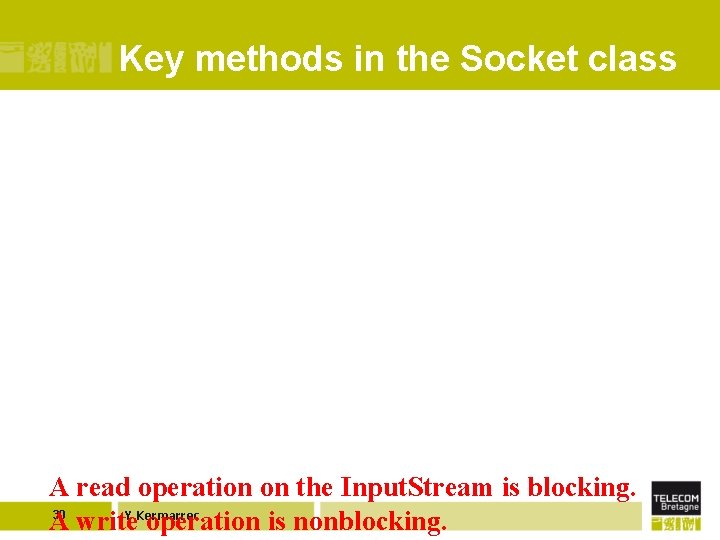 Key methods in the Socket class A read operation on the Input. Stream is