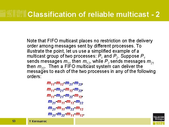 Classification of reliable multicast - 2 53 Note that FIFO multicast places no restriction