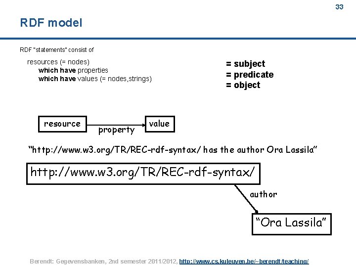33 RDF model RDF “statements” consist of resources (= nodes) which have properties which