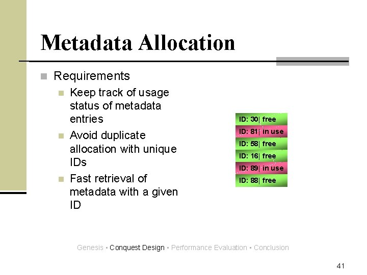 Metadata Allocation n Requirements n n n Keep track of usage status of metadata