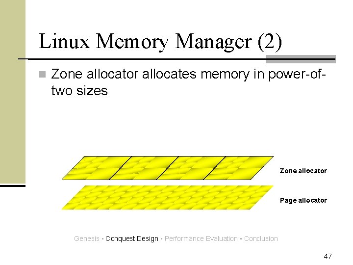 Linux Memory Manager (2) n Zone allocator allocates memory in power-oftwo sizes Zone allocator