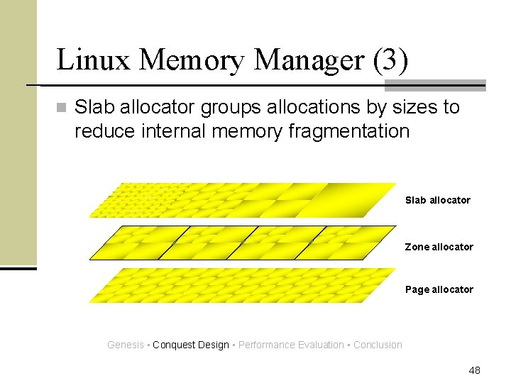 Linux Memory Manager (3) n Slab allocator groups allocations by sizes to reduce internal