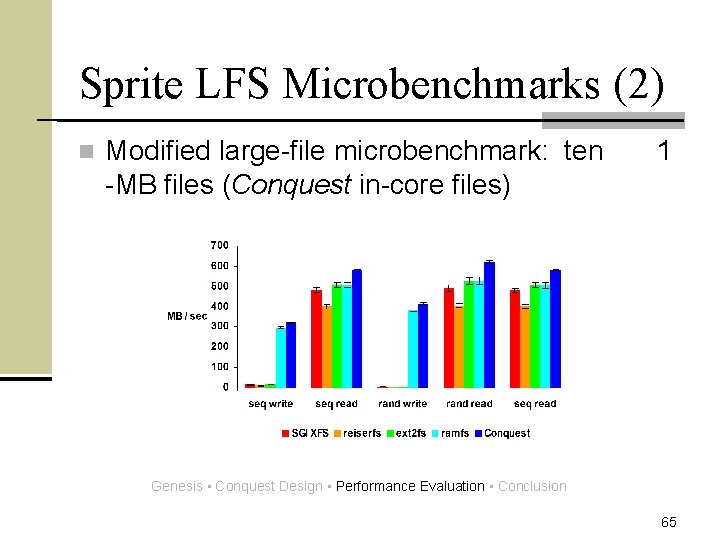Sprite LFS Microbenchmarks (2) n Modified large-file microbenchmark: ten -MB files (Conquest in-core files)