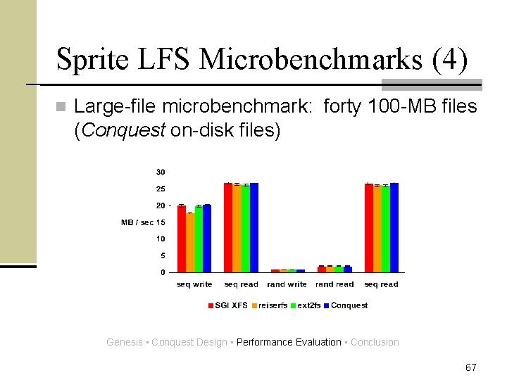 Sprite LFS Microbenchmarks (4) n Large-file microbenchmark: forty 100 -MB files (Conquest on-disk files)