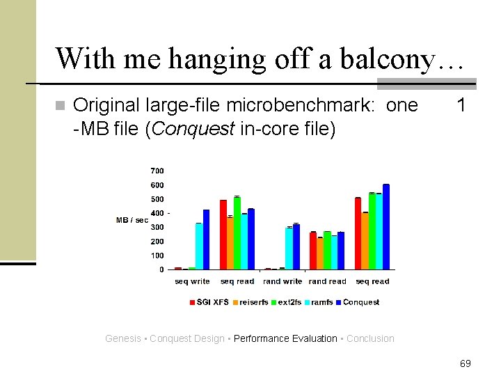 With me hanging off a balcony… n Original large-file microbenchmark: one -MB file (Conquest