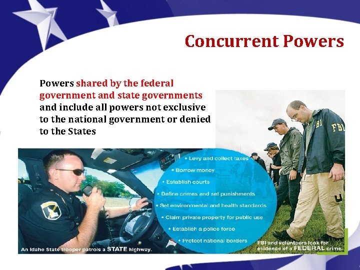 Concurrent Powers shared by the federal government and state governments and include all powers