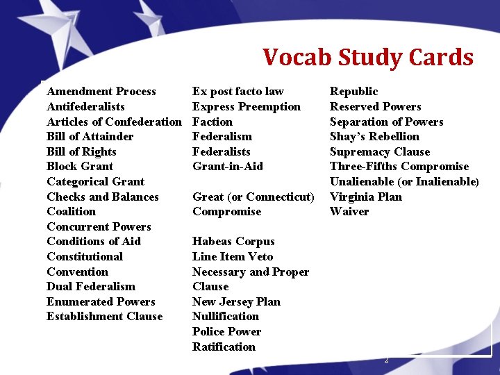 Vocab Study Cards Amendment Process Antifederalists Articles of Confederation Bill of Attainder Bill of