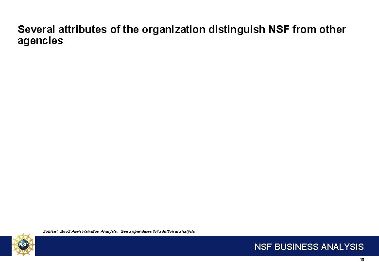 Several attributes of the organization distinguish NSF from other agencies Source: Booz Allen Hamilton