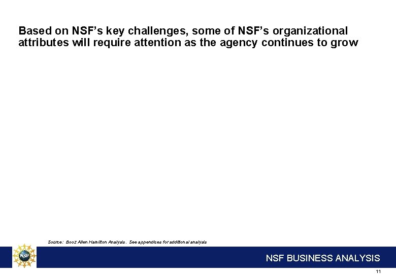 Based on NSF’s key challenges, some of NSF’s organizational attributes will require attention as
