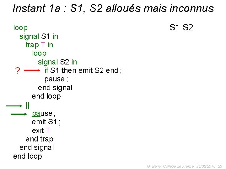 Instant 1 a : S 1, S 2 alloués mais inconnus output O; loop