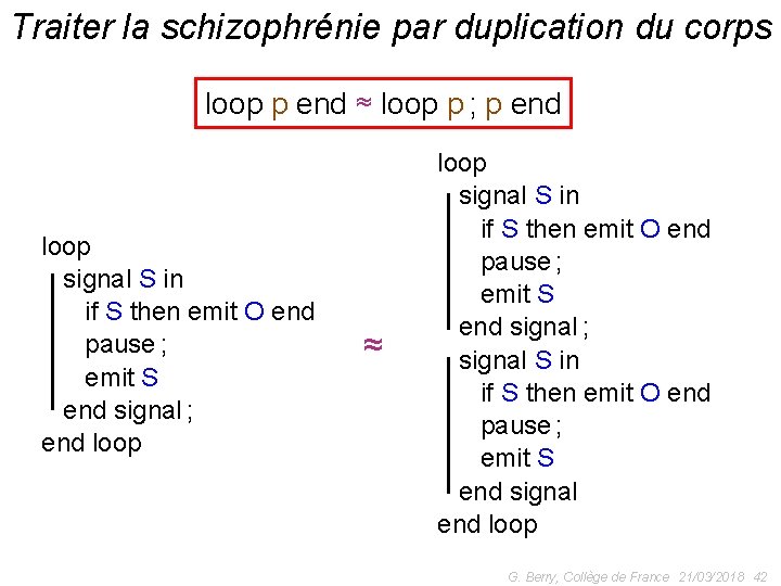 Traiter la schizophrénie par duplication du corps loop p end ≈ loop p ;
