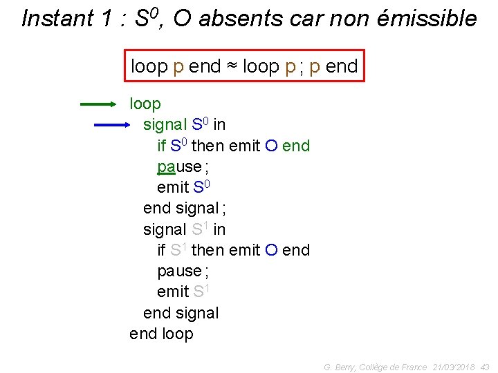 Instant 1 : S 0, O absents car non émissible loop p end ≈