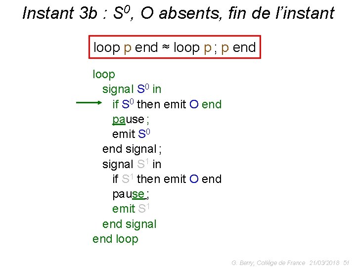 Instant 3 b : S 0, O absents, fin de l’instant loop p end