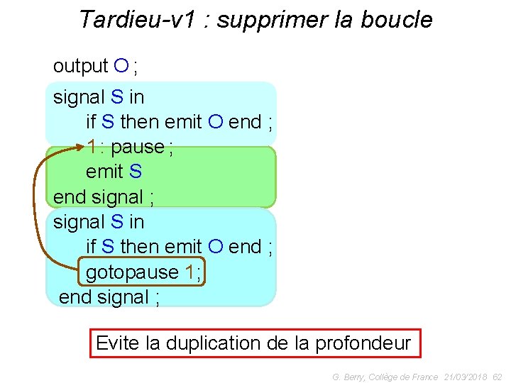 Tardieu-v 1 : supprimer la boucle output O ; signal S in if S