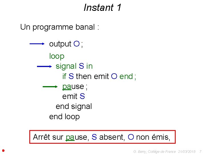 Instant 1 Un programme banal : output O ; loop signal S in if