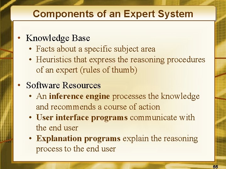 Components of an Expert System • Knowledge Base • Facts about a specific subject
