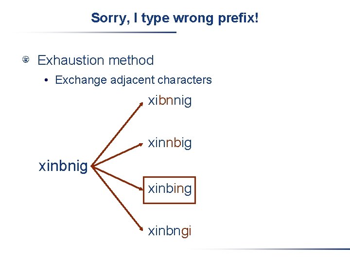 Sorry, I type wrong prefix! Exhaustion method • Exchange adjacent characters xibnnig xinnbig xinbnig