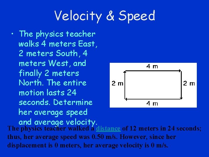 Velocity & Speed • The physics teacher walks 4 meters East, 2 meters South,