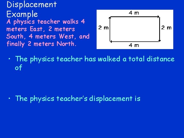 Displacement Example A physics teacher walks 4 meters East, 2 meters South, 4 meters