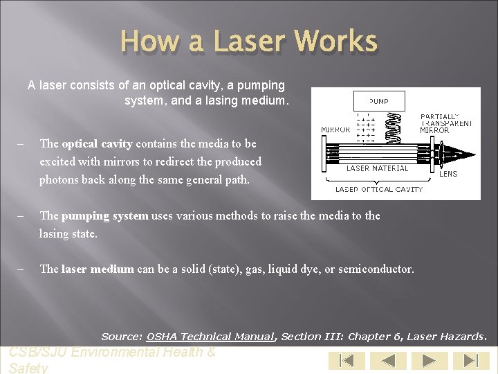 How a Laser Works A laser consists of an optical cavity, a pumping system,