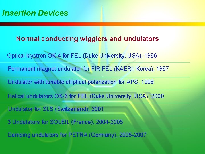 Insertion Devices Normal conducting wigglers and undulators Optical klystron OK-4 for FEL (Duke University,