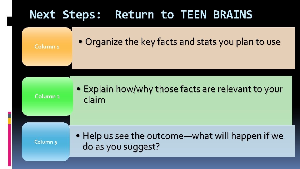 Next Steps: Column 1 Return to TEEN BRAINS • Organize the key facts and