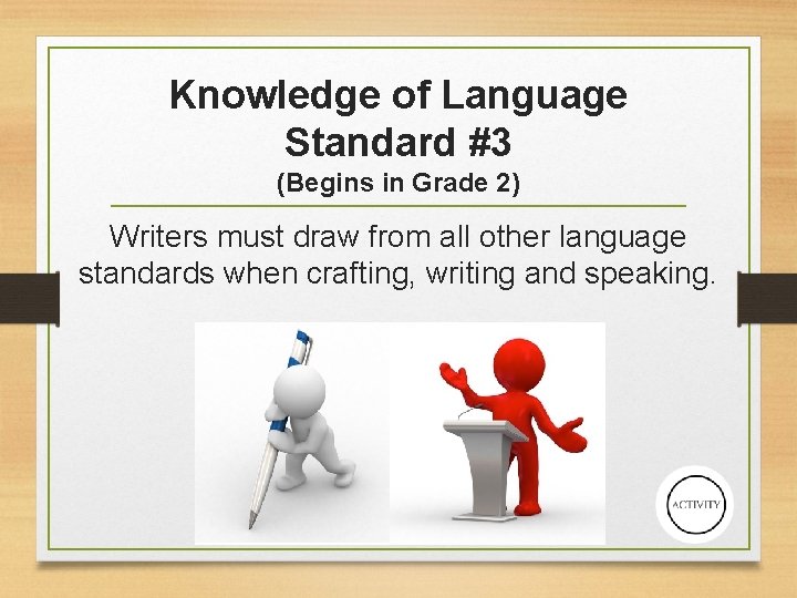 Knowledge of Language Standard #3 (Begins in Grade 2) Writers must draw from all