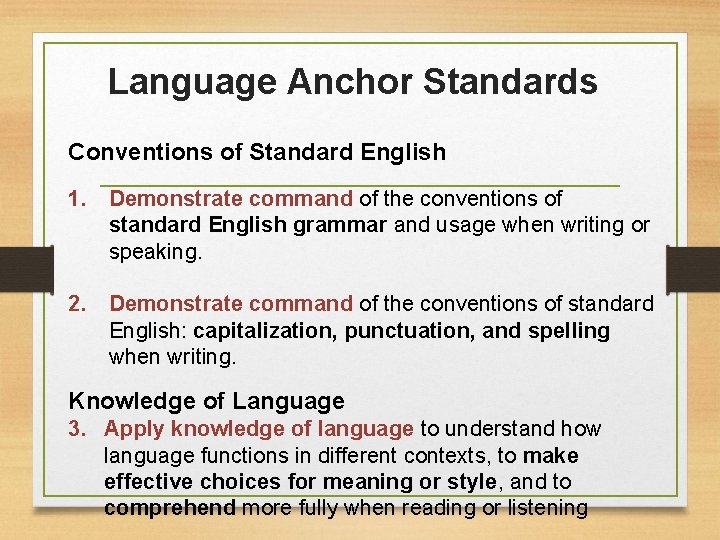 Language Anchor Standards Conventions of Standard English 1. Demonstrate command of the conventions of