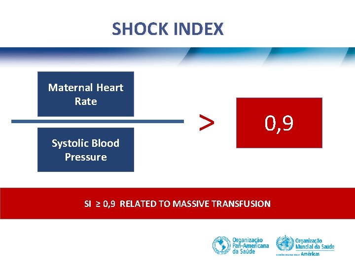 SHOCK INDEX Maternal Heart Rate Systolic Blood Pressure > 0, 9 SI ≥ 0,