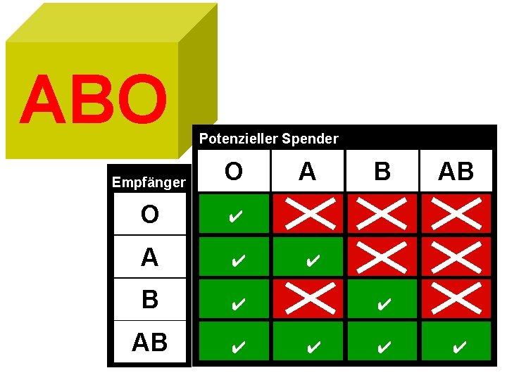 ABO Potenzieller Spender Empfänger O O ✔ A ✔ B ✔ A B AB