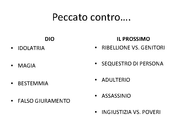 Peccato contro…. DIO • IDOLATRIA IL PROSSIMO • RIBELLIONE VS. GENITORI • MAGIA •