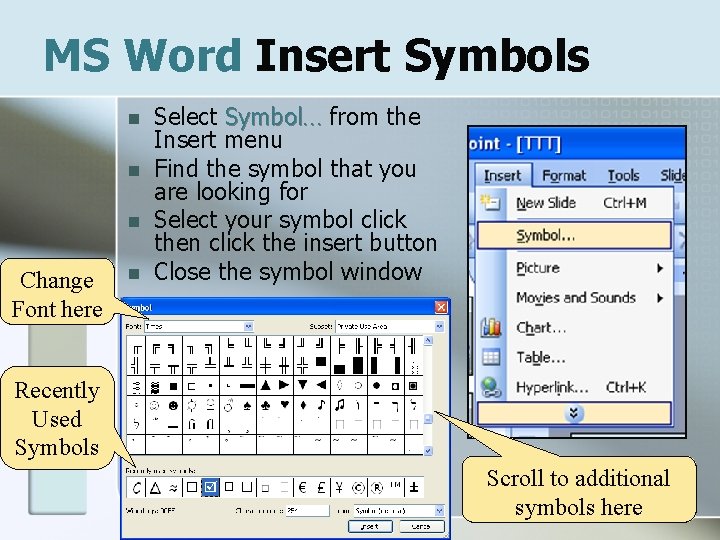 MS Word Insert Symbols n n n Change Font here n Select Symbol… from