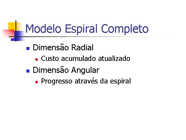 Modelo Espiral Completo n Dimensão Radial n n Custo acumulado atualizado Dimensão Angular n