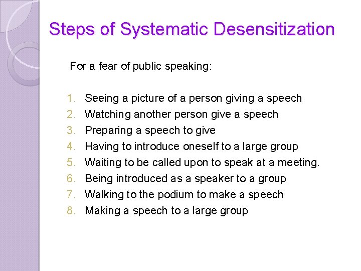 Steps of Systematic Desensitization For a fear of public speaking: 1. 2. 3. 4.