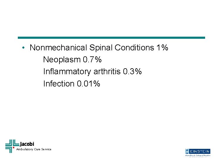  • Nonmechanical Spinal Conditions 1% Neoplasm 0. 7% Inflammatory arthritis 0. 3% Infection